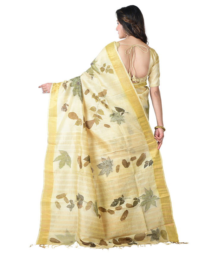 Beige green  handprinted silk saree