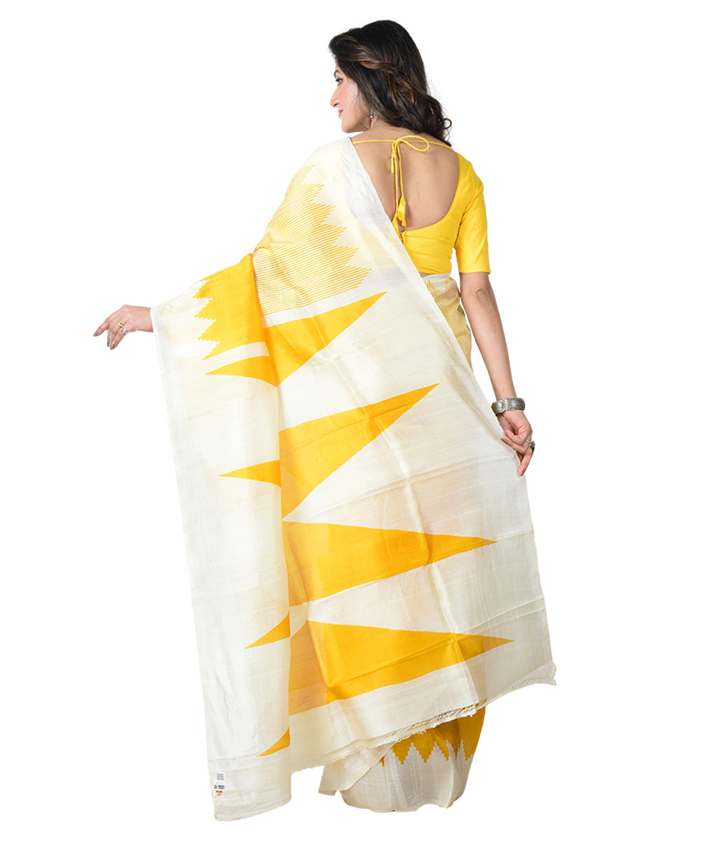 Yellow white block print handprinted silk saree