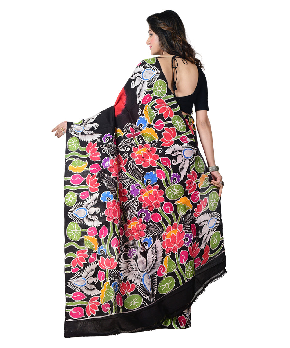 Red multicolor batik print handprinted silk saree