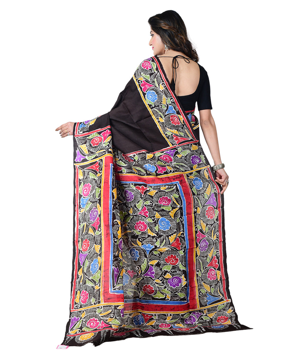 Black multicolor batik print handprinted silk saree