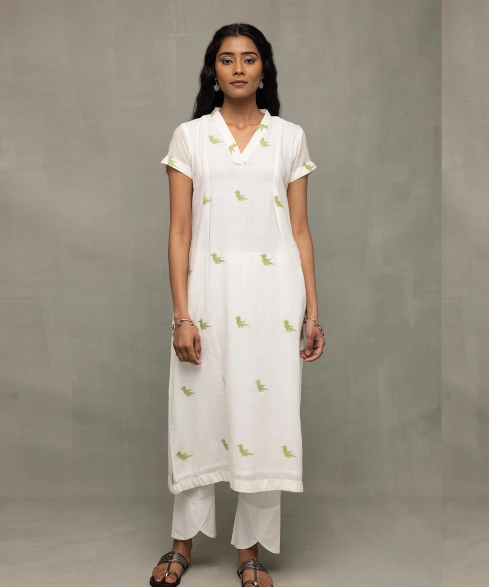 Ivory sage green bird motif jamdani kurta set with dupatta