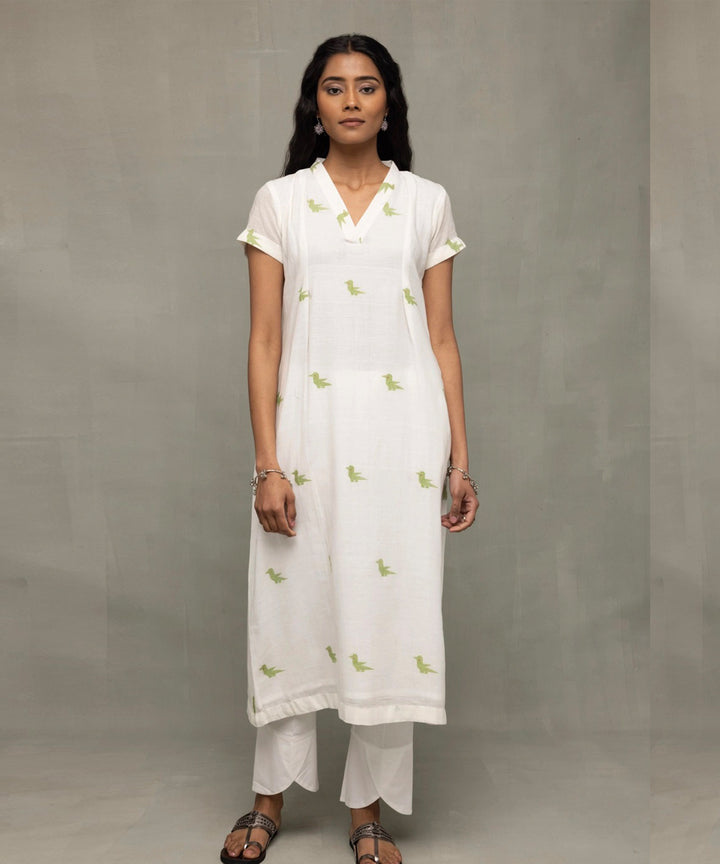 Ivory sage green bird motif jamdani kurta set with dupatta