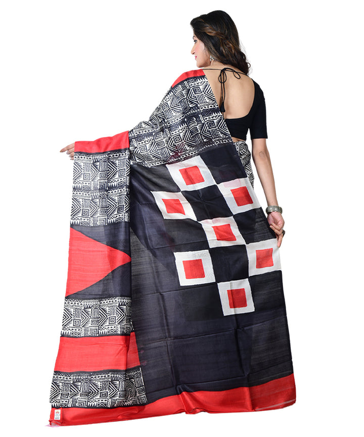 Black red block print handprinted silk saree