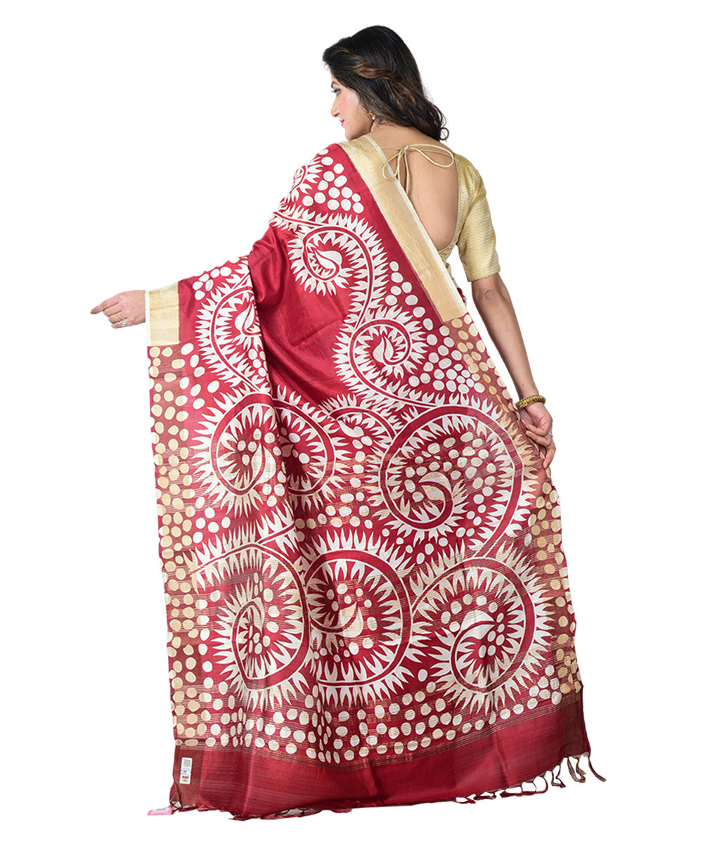 Maroon white block print handprinted silk saree