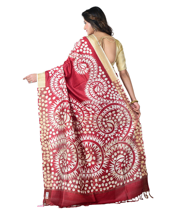 Maroon white block print handprinted silk saree