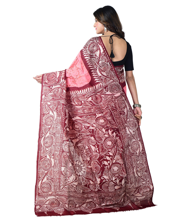 Pink maroon batik print handprinted silk saree