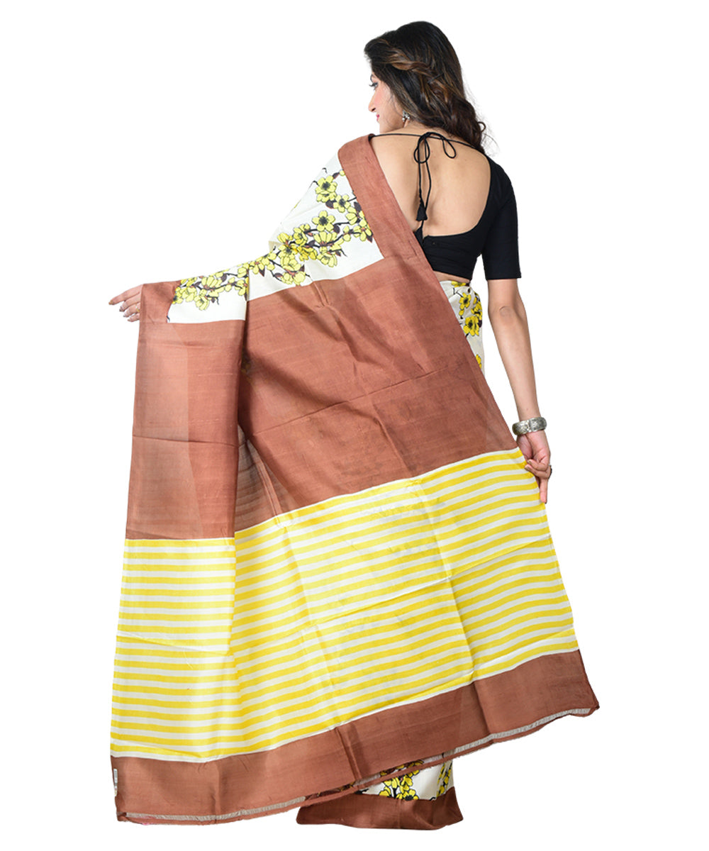 Beige brown block print handprinted silk saree