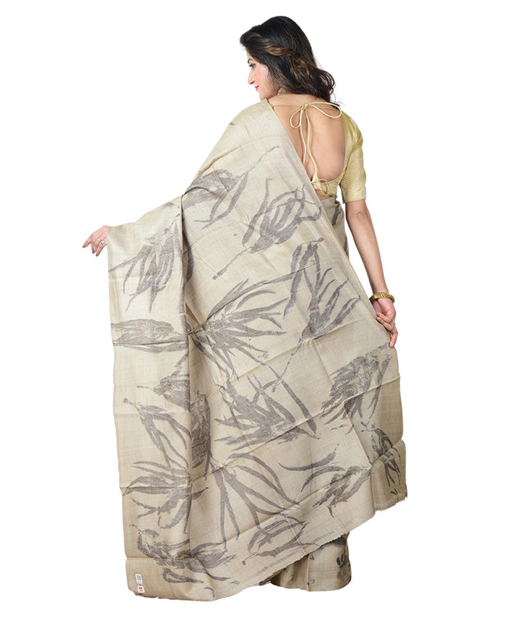 Grey black  handprinted tussar silk saree