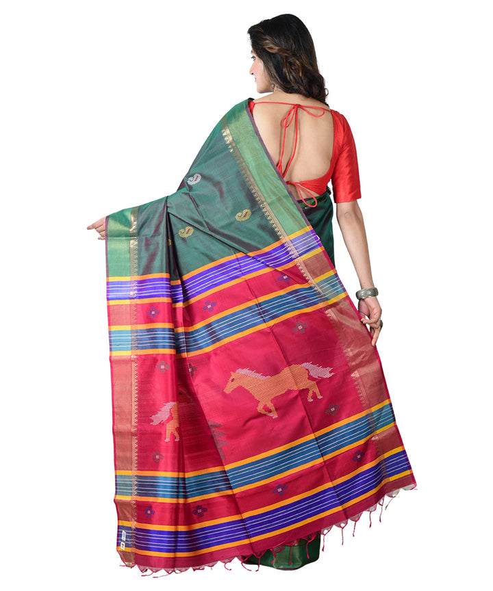 Dark green multicolor  handwoven silk saree
