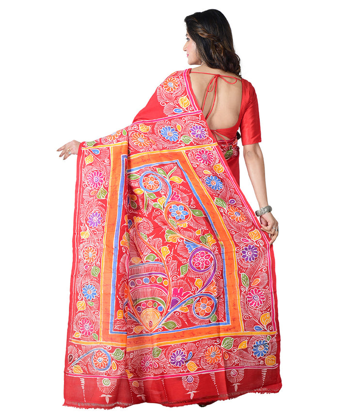 Red multicolor batik print handprinted silk saree