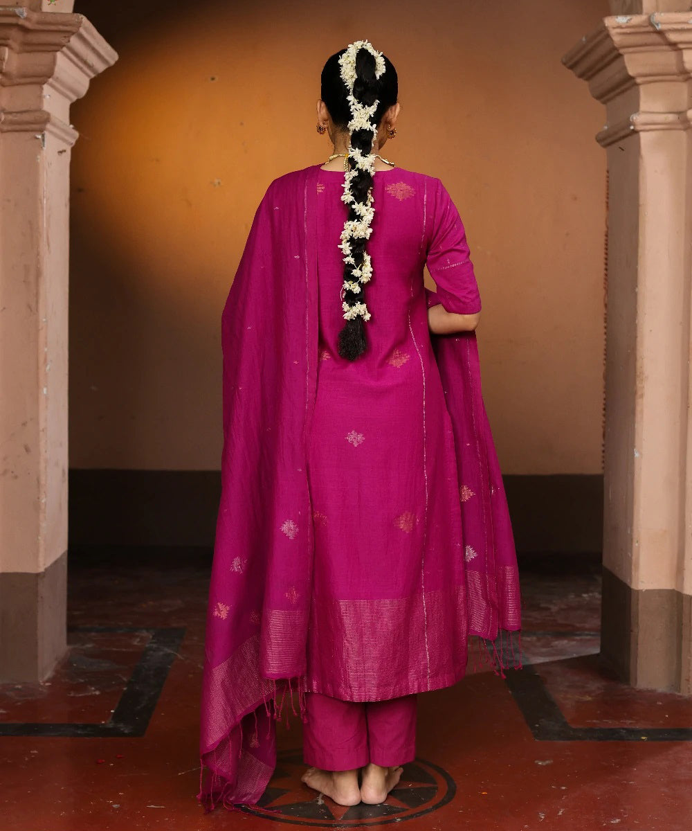 Handloom rani pink cotton zari jamdani kurta set with dupatta