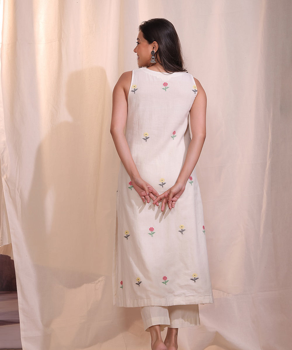 Handloom off white cotton jamdani flower kurta set with dupatta