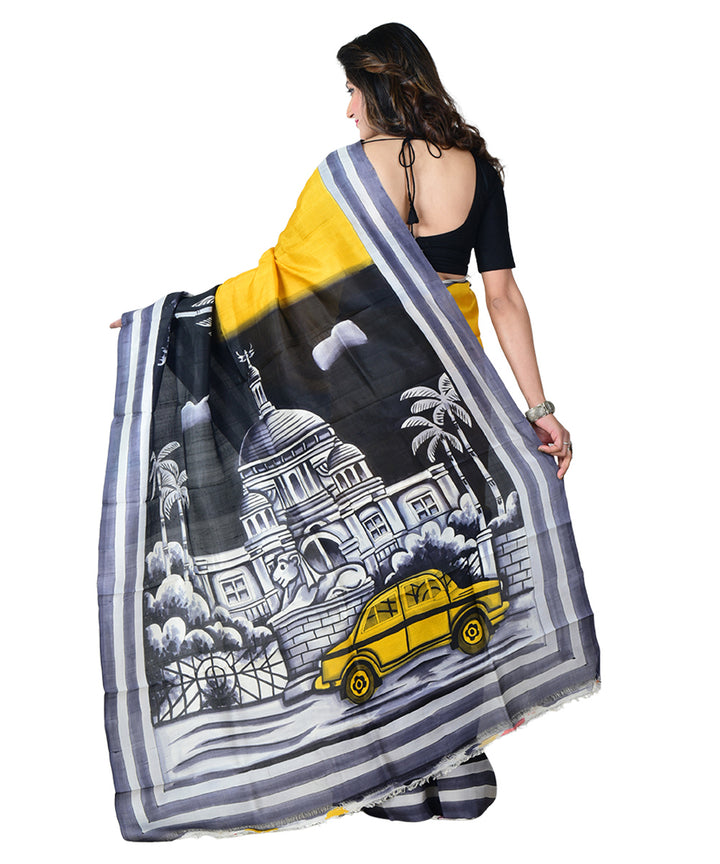 Yellow black  hand painted silk saree