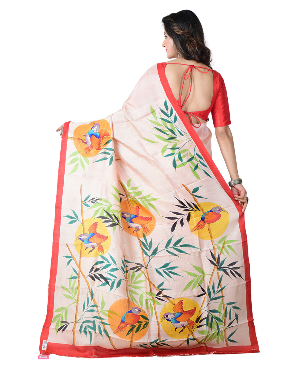Beige multicolor  hand painted silk saree