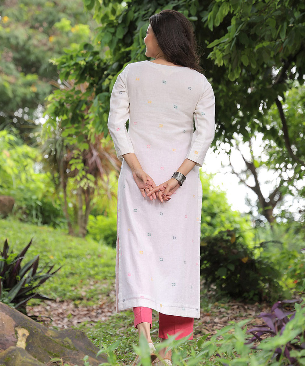 Handloom off white cotton square jamdani kurta set with dupatta