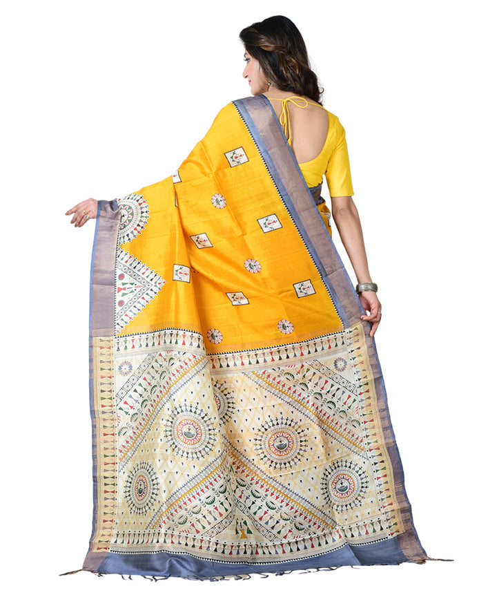 Mustard white block print handprinted silk saree