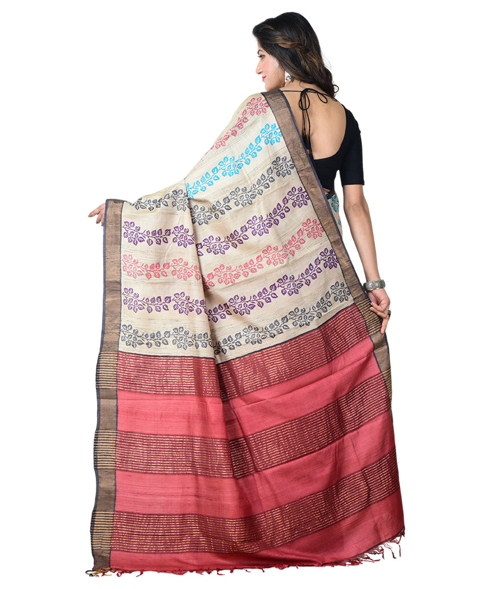 Beige multicolor block print handprinted tussar silk saree