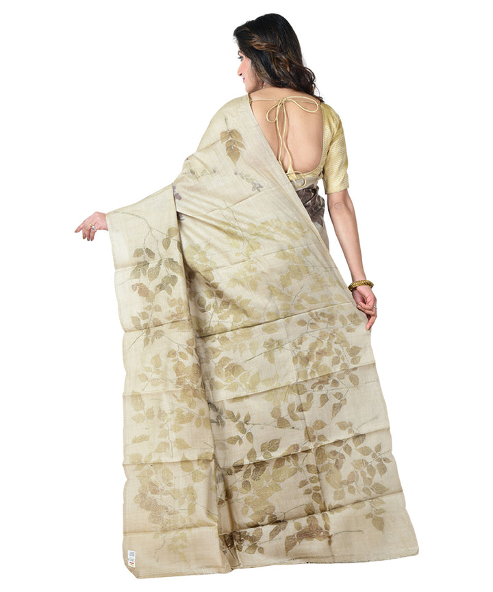 Beige yellow  handprinted tussar silk saree