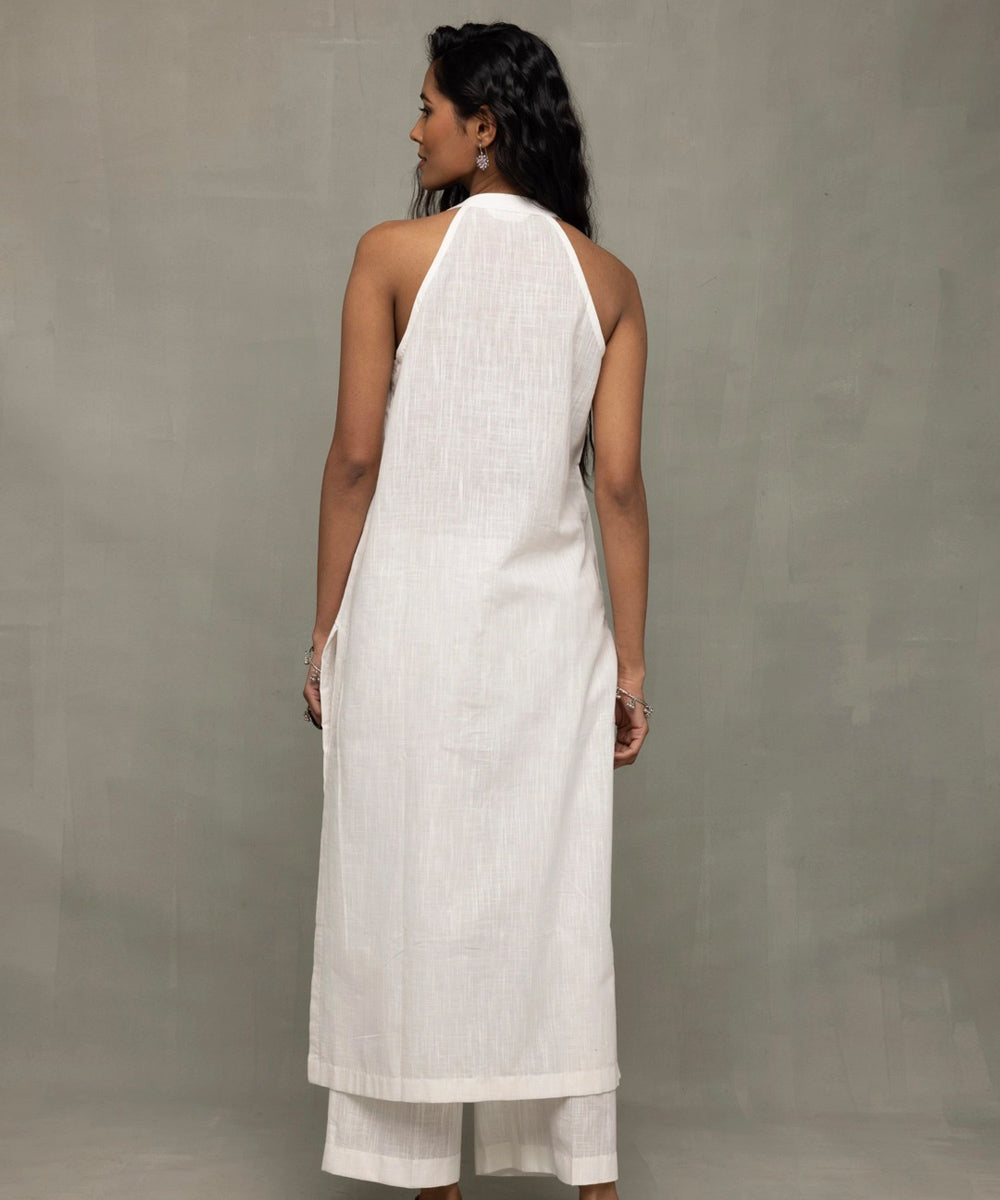 White slub cotton kurta set with jamdani dupatta