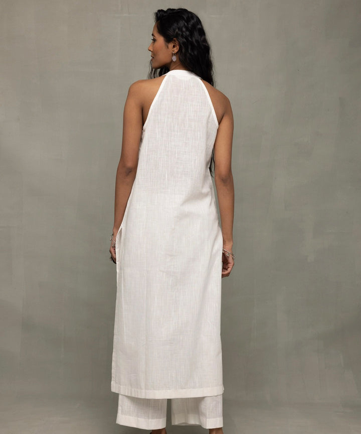 White slub cotton kurta set with jamdani dupatta