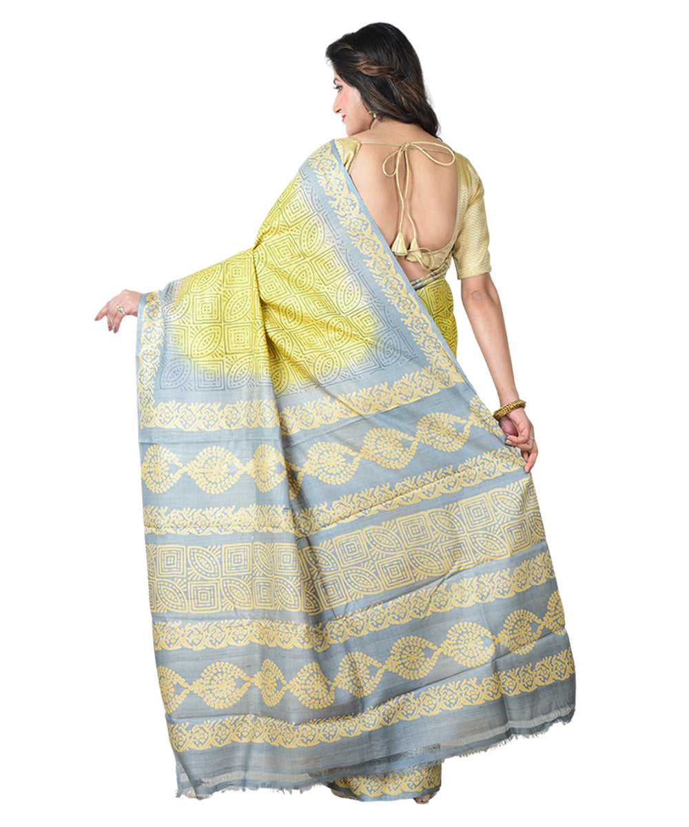 Light green grey block print handwoven tussar silk saree