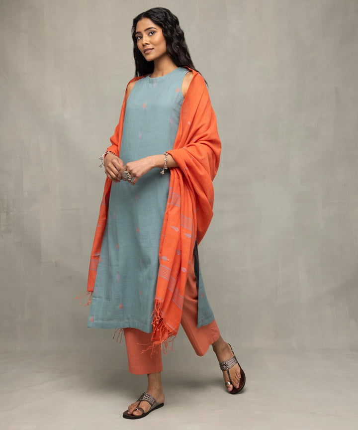 Zen blue straight fit jamdani kurta set tangerine leaf motif dupatta