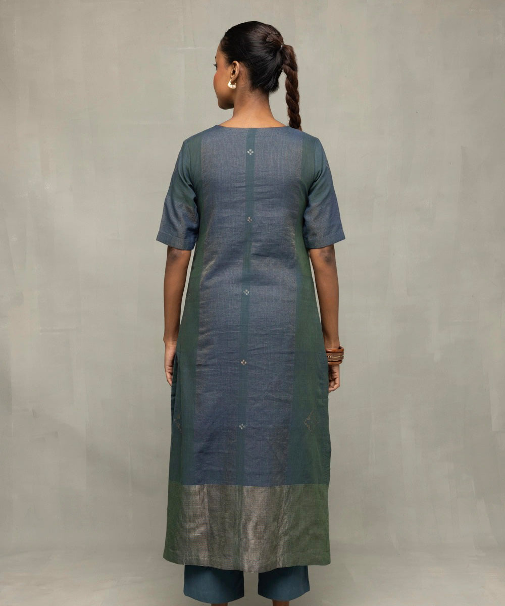 Teal green jamdani kurta set with silver zari border and dupatta