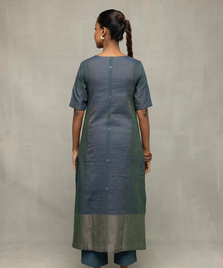 Teal green jamdani kurta set with silver zari border and dupatta