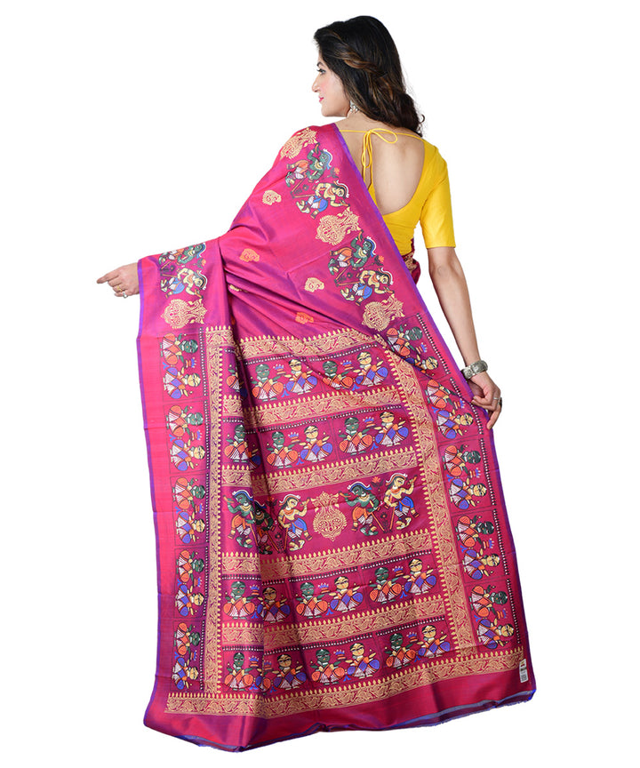 Pink multicolor block print handprinted silk saree