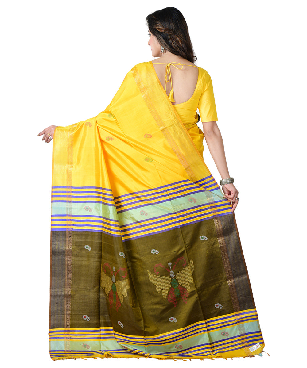 Yellow multicolor  handwoven silk saree