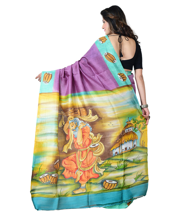 Purple multicolor  hand painted silk saree