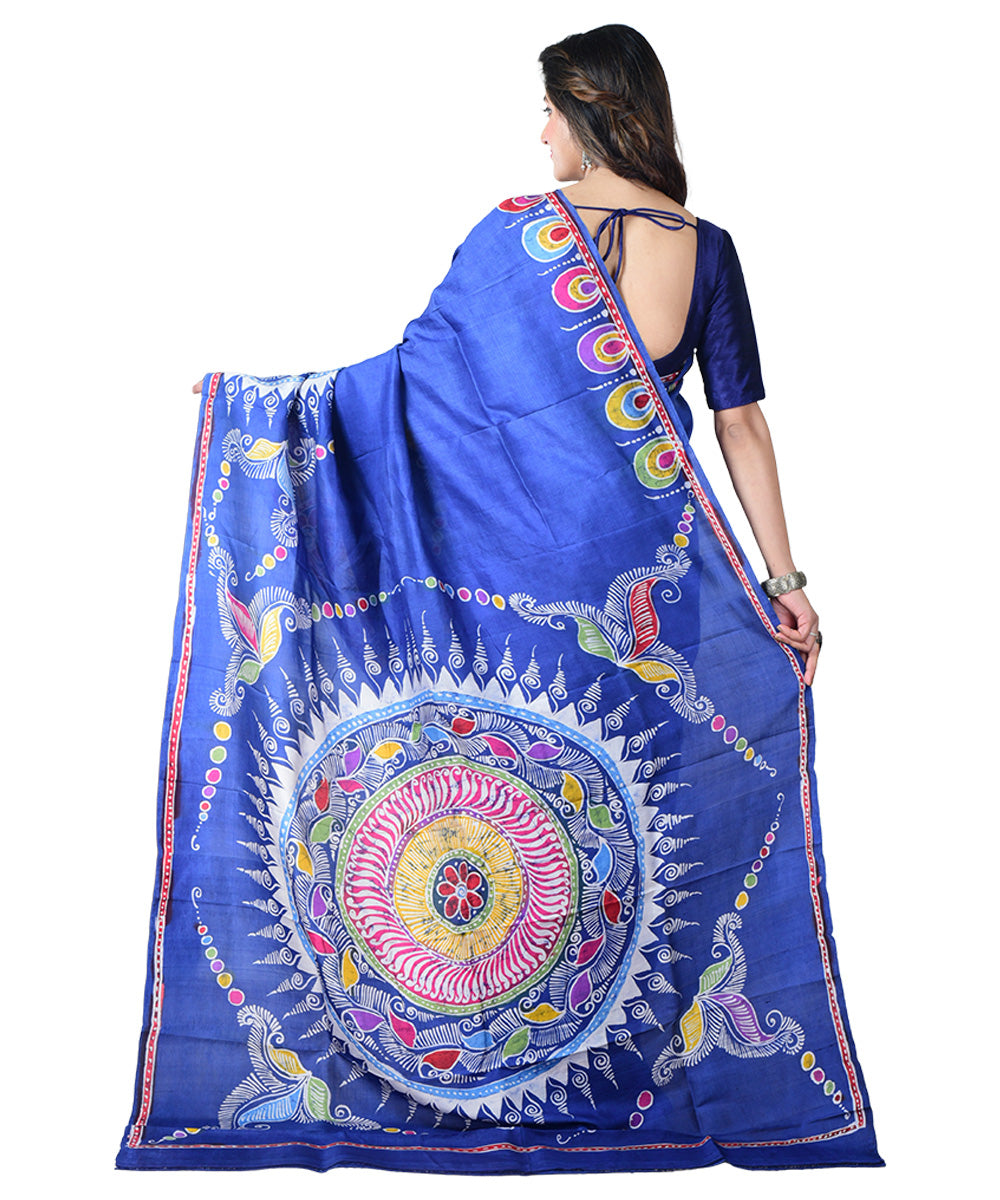 Navy blue white batik print handprinted silk saree