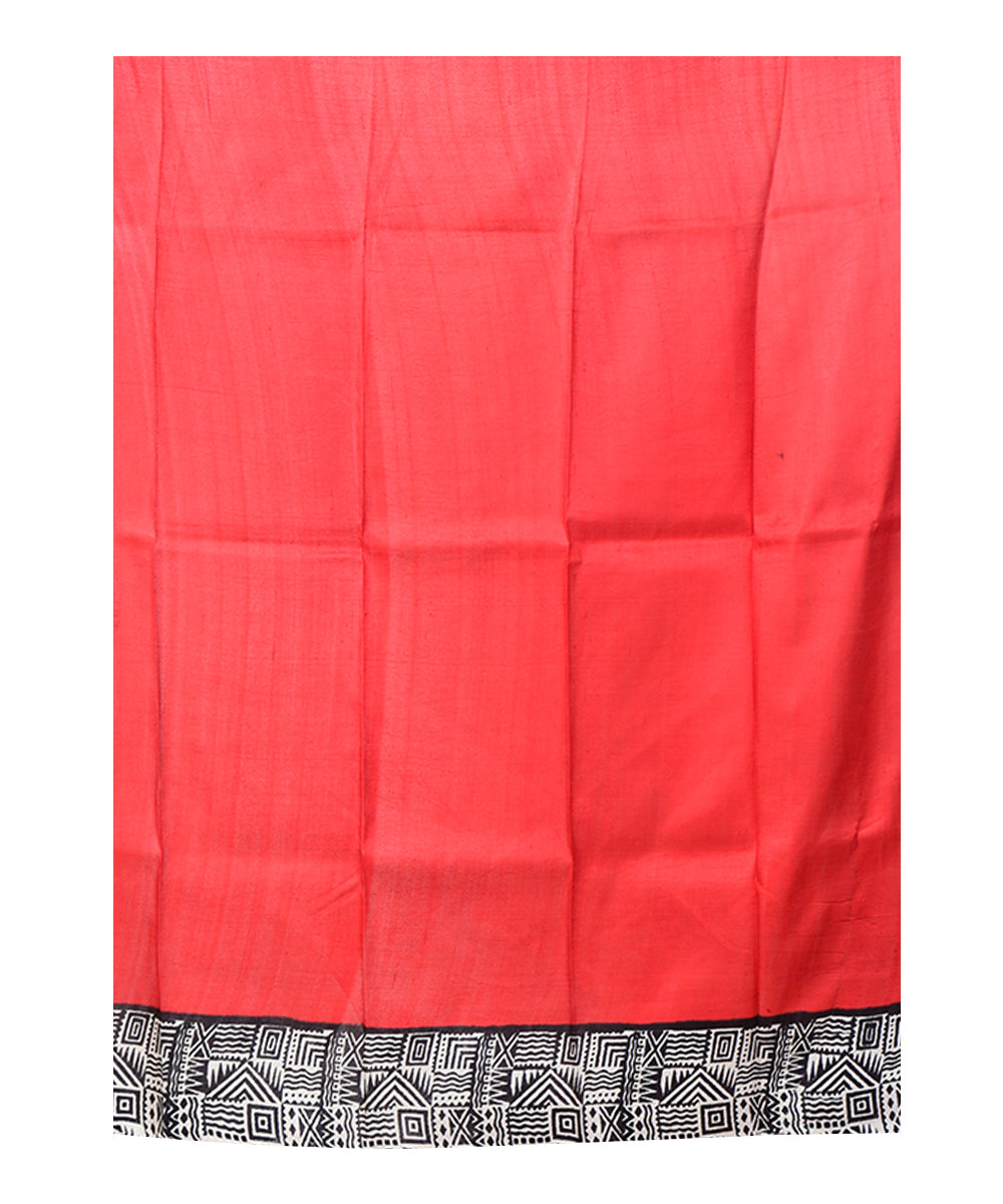 Black red block print handprinted silk saree