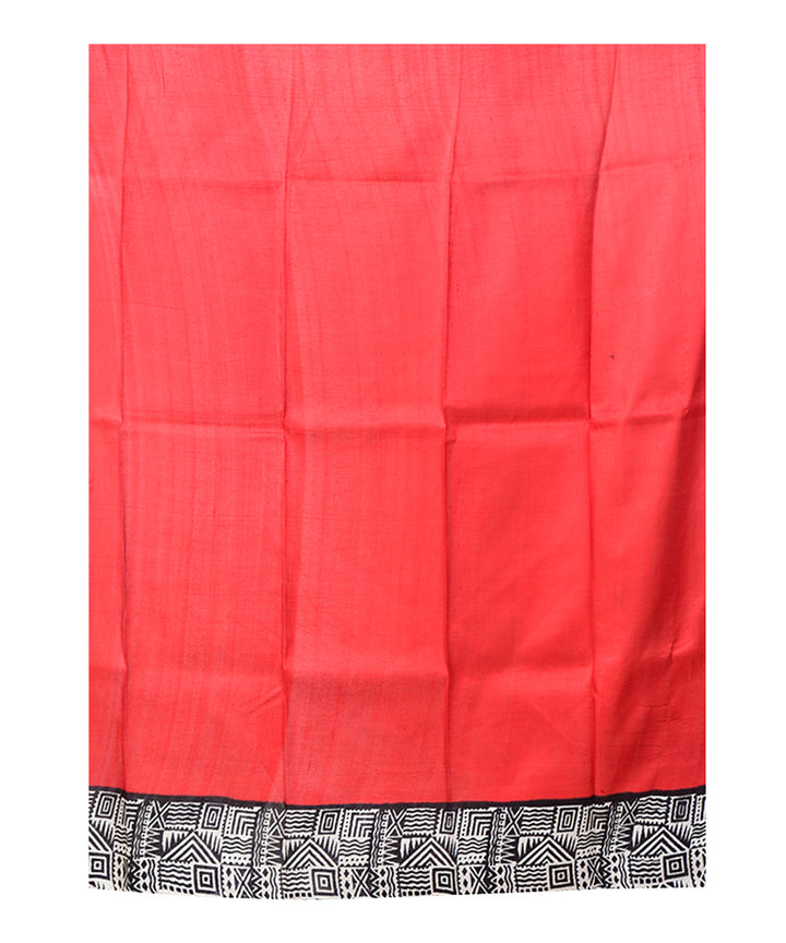 Black red block print handprinted silk saree