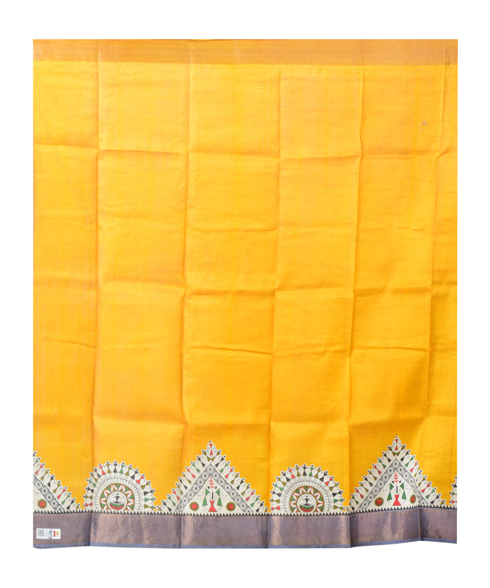 Mustard white block print handprinted silk saree
