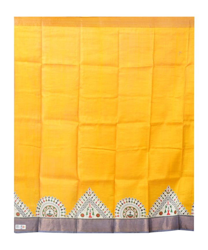 Mustard white block print handprinted silk saree