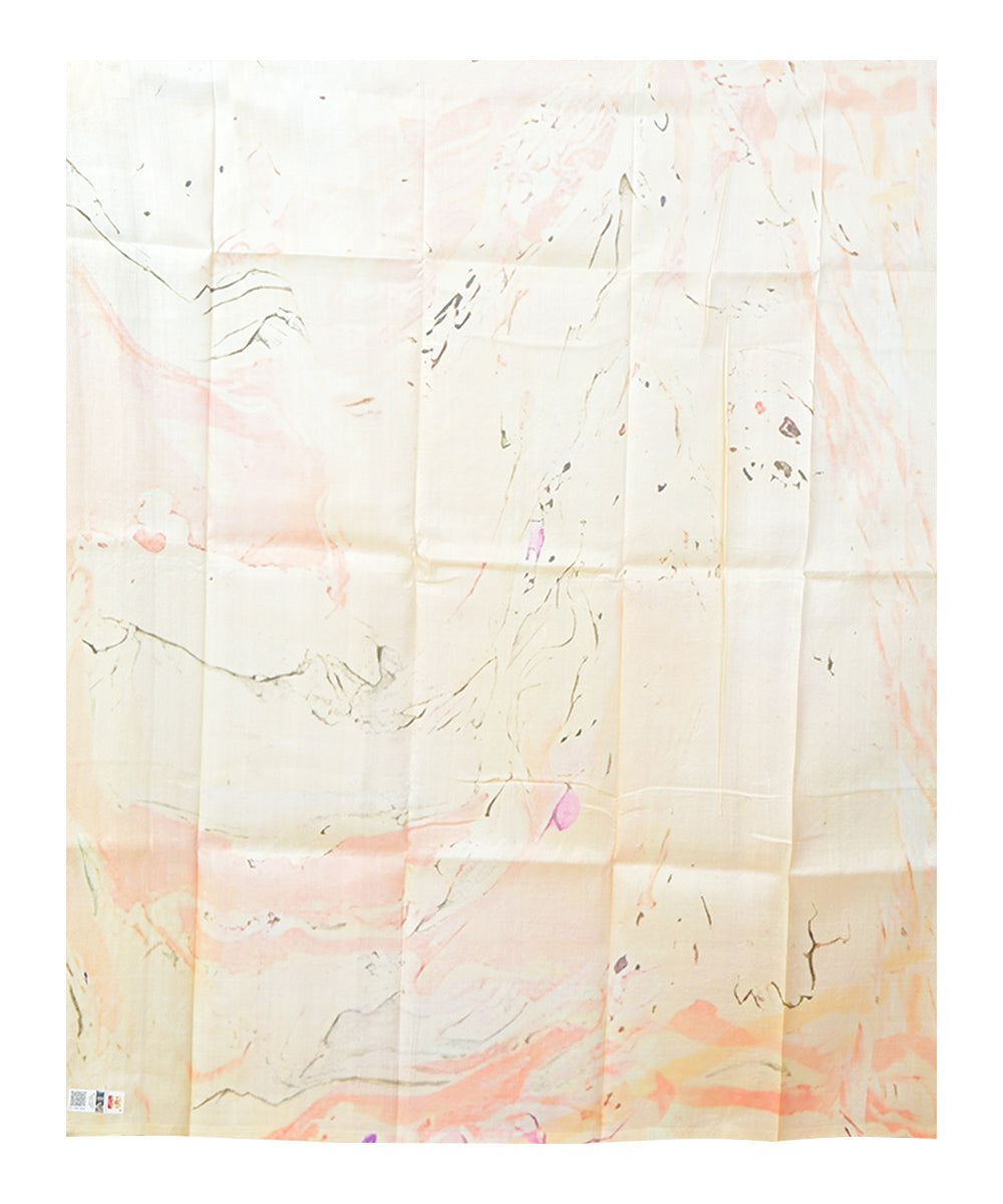 Cream orange batik print handprinted silk saree
