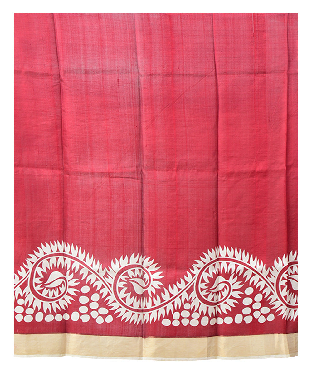 Maroon white block print handprinted silk saree
