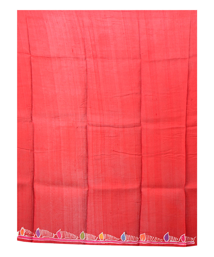 Red multicolor batik print handprinted silk saree