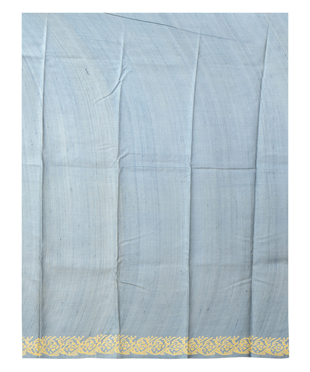 Light green grey block print handwoven tussar silk saree