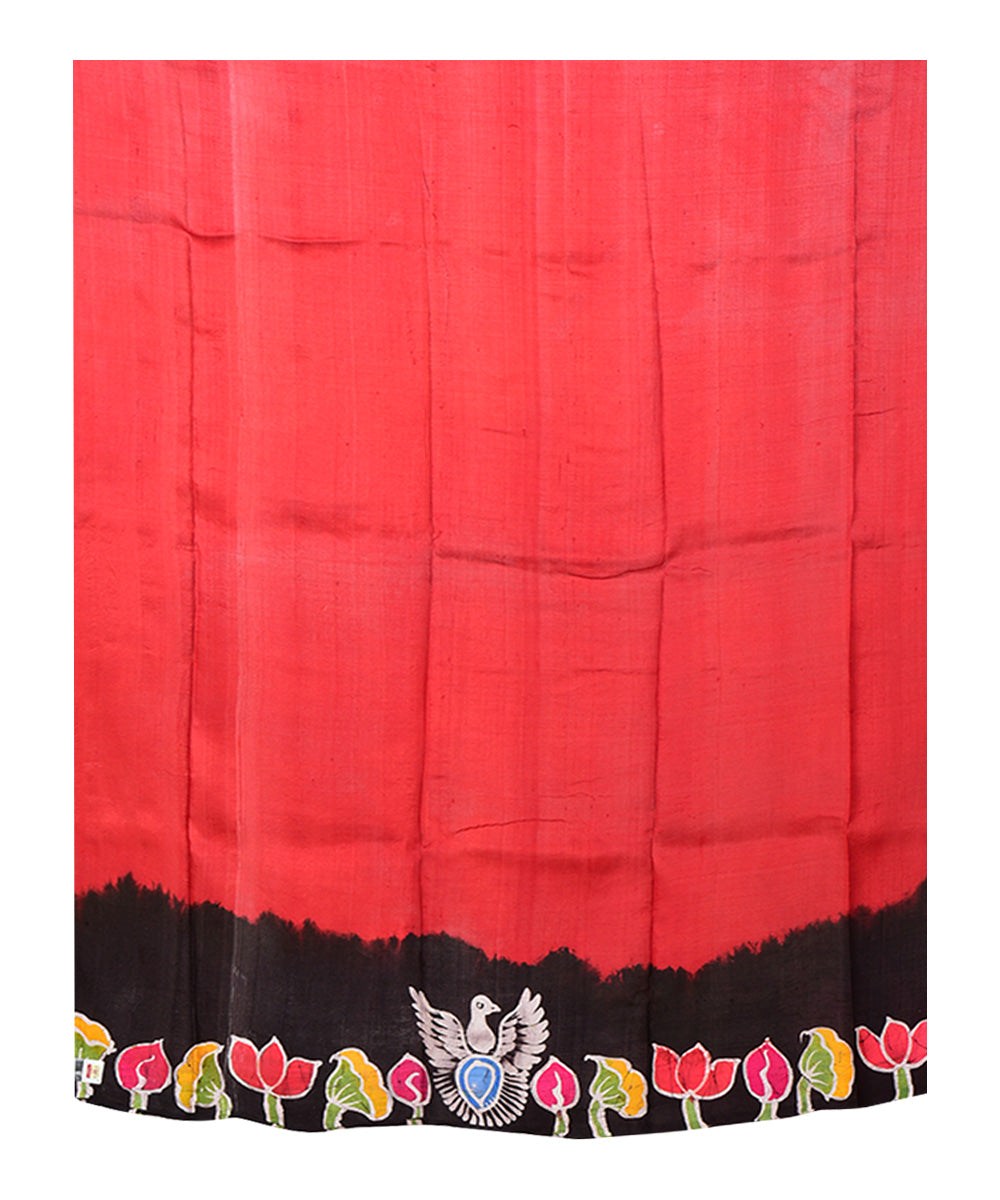 Red multicolor batik print handprinted silk saree