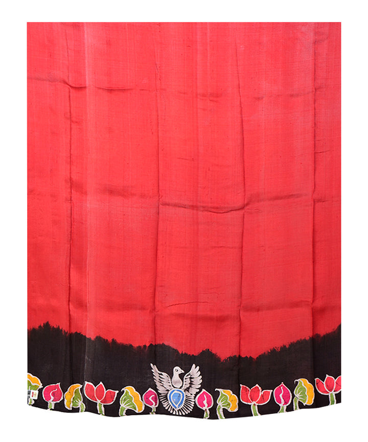 Red multicolor batik print handprinted silk saree