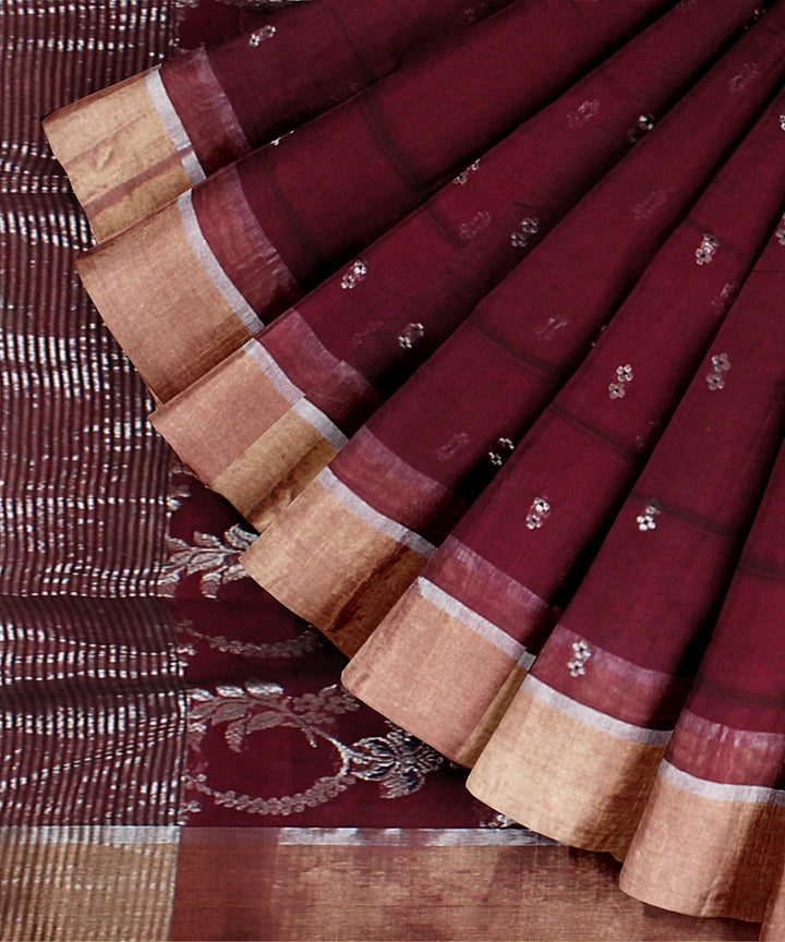 Maroon wine handwoven chanderi cotton silk saree