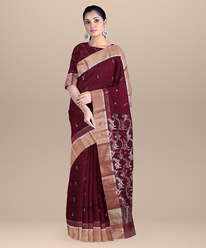 Maroon wine handwoven chanderi cotton silk saree