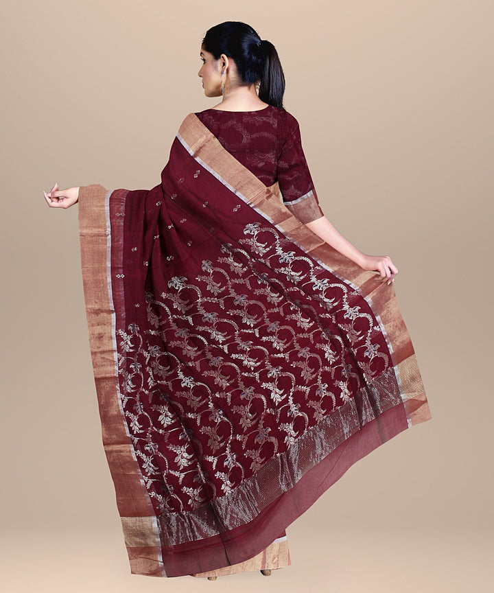 Maroon wine handwoven chanderi cotton silk saree