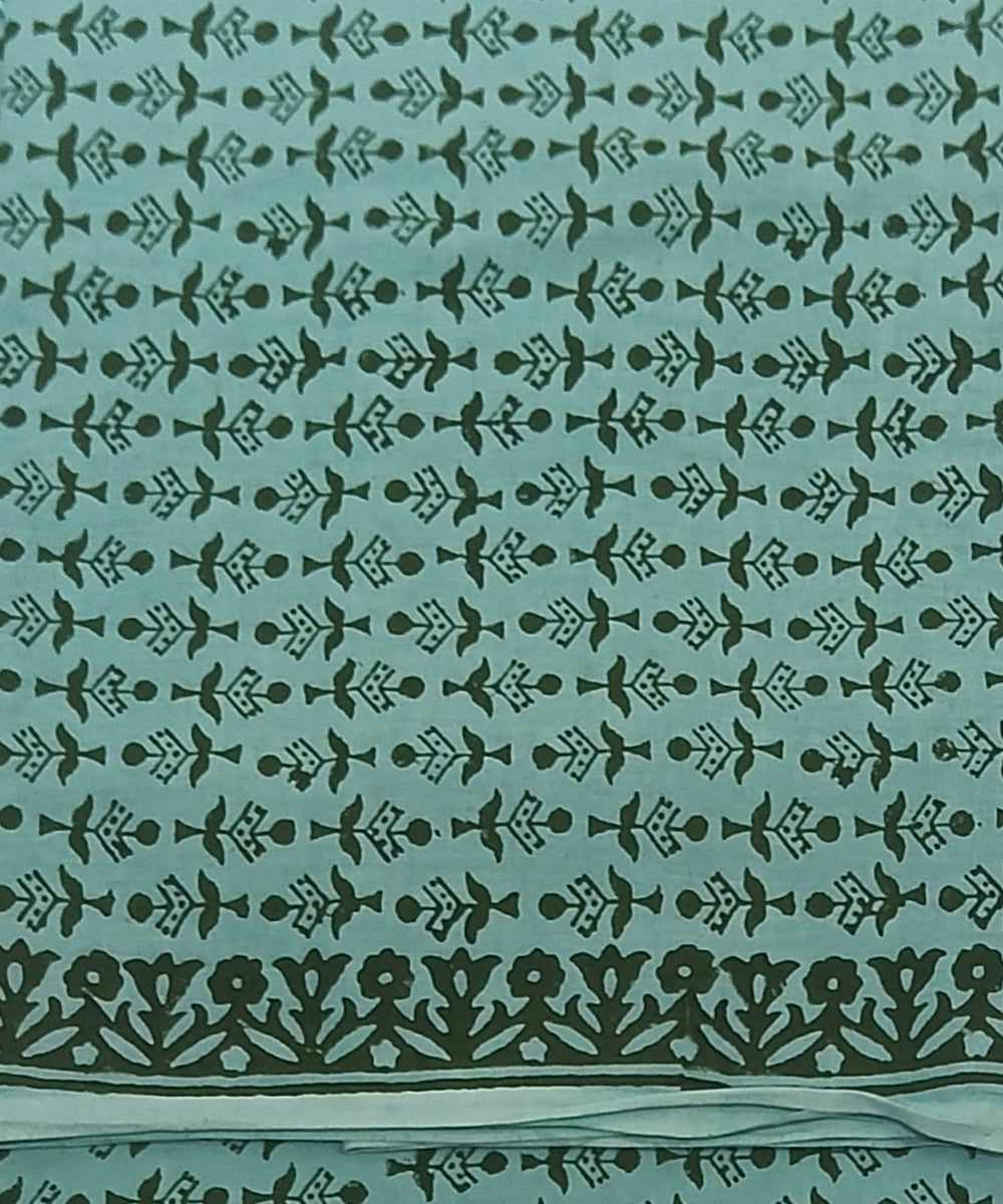 Teal green white hand printed cotton block print dress material