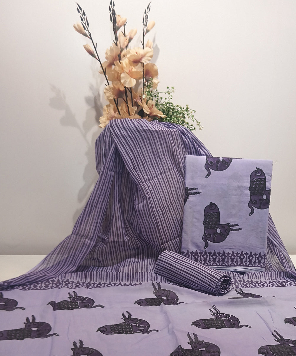 Lavender black hand printed cotton block print dress material