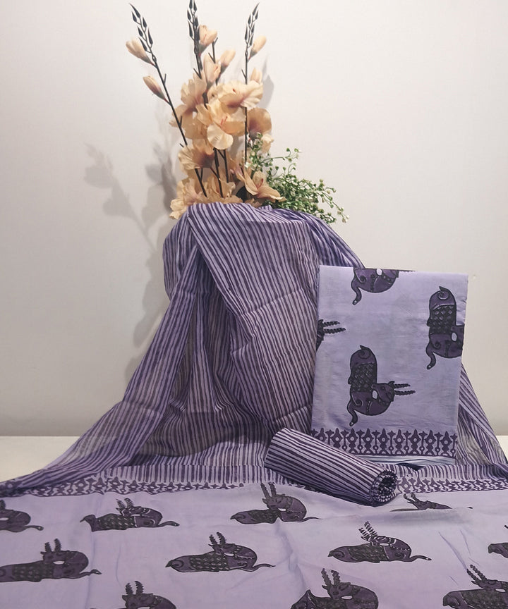 Lavender black hand printed cotton block print dress material