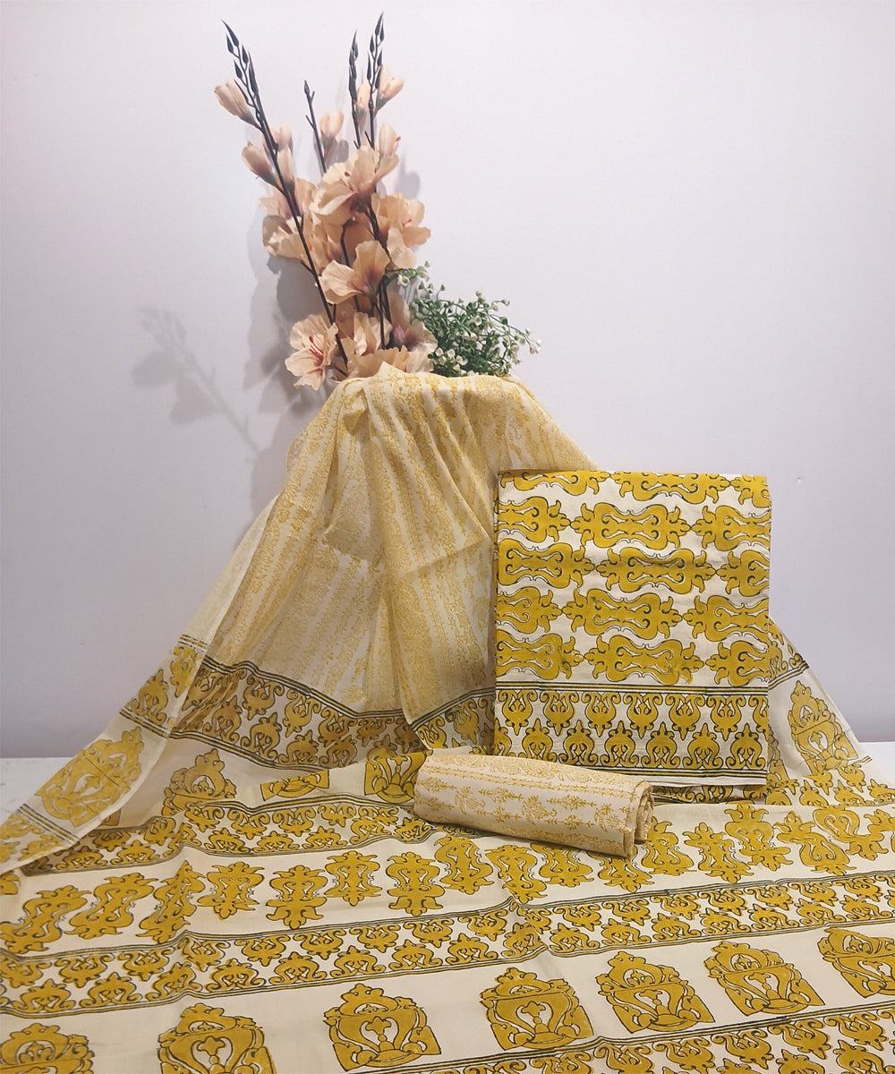 Cream yellow hand printed cotton block print dress material