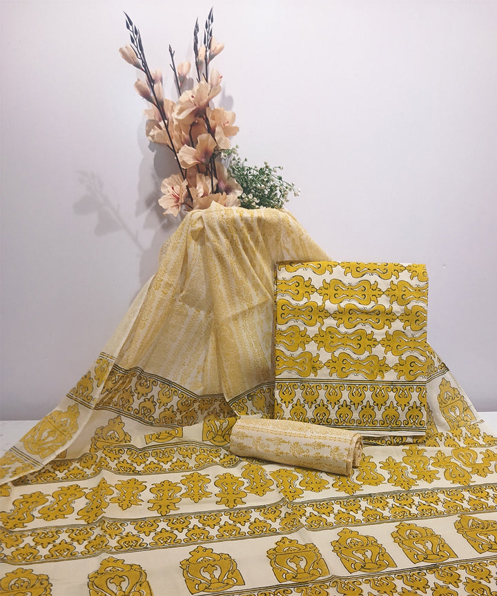 Cream yellow hand printed cotton block print dress material